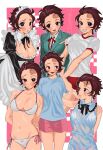  1girl absurdres bikini blue_dress blue_shirt breasts burn_scar buruma cleavage cleavage_cutout clothing_cutout commentary_request contemporary dress earrings genderswap genderswap_(mtf) grape_gogo green_jacket gym_uniform hanafuda_earrings highres jacket jewelry kamado_tanjirou kimetsu_no_yaiba large_breasts maid maid_headdress open_mouth pink_hair raised_inner_eyebrows red_buruma russian_commentary scar scar_on_face scar_on_forehead school_uniform shirt short_hair short_shorts shorts side-tie_bikini_bottom simple_background smile swimsuit t-shirt white_bikini 