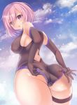  1girl absurdres adjusting_clothes adjusting_leotard ass black_gloves black_leotard breasts cameltoe cloud elbow_gloves fate/grand_order fate_(series) from_behind from_below gloves highres impossible_clothes impossible_leotard leotard looking_at_viewer looking_back looking_down mash_kyrielight open_mouth outdoors pink_eyes pink_hair sideboob sky solo thigh_strap thighs yuu_ms1974 