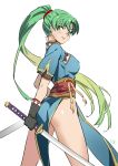  1girl ass earrings fingerless_gloves fire_emblem fire_emblem:_the_blazing_blade gloves green_eyes green_hair high_ponytail highres jewelry long_hair looking_at_viewer lyn_(fire_emblem) nanaya_(daaijianglin) pelvic_curtain ponytail side_slit simple_background smile solo sword weapon white_background 