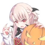  1girl absurdres bangs black_cape cape eyebrows_visible_through_hair fang fate/kaleid_liner_prisma_illya fate_(series) fingernails glowing hair_between_eyes halloween hands_up highres illyasviel_von_einzbern jack-o&#039;-lantern light_brown_hair long_fingernails long_hair long_sleeves looking_at_viewer nail_polish one_side_up open_mouth pink_nails red_eyes sharp_fingernails shirt simple_background sleeves_past_wrists solo upper_body vampire white_background white_shirt wing_hair_ornament zongren 