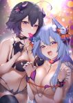  2girls :d ahoge animal_ear_fluff animal_ears bangs between_breasts bikini black_legwear blue_hair blurry blush bokeh breasts candy chain character_request choker claw_pose cleavage collarbone cuffs demon_horns depth_of_field emori_miku emori_miku_project eyebrows_visible_through_hair food fox_ears gloves hair_between_eyes hair_ornament halloween halloween_costume highres holding holding_food horns karinto_yamada large_breasts lollipop long_hair looking_at_viewer multicolored multicolored_bikini multicolored_clothes multicolored_nails multiple_girls open_mouth orange_nails purple_gloves purple_hair purple_nails revealing_clothes saliva saliva_trail shackles short_hair smile striped striped_bikini swimsuit thighhighs untied untied_bikini very_long_hair 