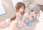  2girls absurdres bed_sheet blue_bra blue_eyes blue_panties bra breasts brown_eyes brown_hair from_side grey_hair headboard highres hisakawa_hayate idolmaster idolmaster_cinderella_girls large_breasts long_hair looking_at_viewer lying multiple_girls nitta_minami on_bed on_side on_stomach open_mouth panties perapera pillow plant potted_plant smile underwear underwear_only white_bra white_panties 