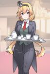  1girl absurdres black_hairband black_jacket black_pants black_suit blonde_hair blue_eyes butler collared_shirt commentary_request crown cup earrings female_butler furaggu_(frag_0416) gloves green_vest hairband highres holding holding_tray jacket jewelry kantai_collection long_hair long_sleeves looking_at_viewer mini_crown necktie pants red_necktie shirt solo standing suit teacup teapot tray valiant_(kancolle) variant_set very_long_hair vest white_gloves white_shirt 