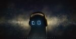  blue_eyes commentary_request dark english_text expressionless ghost glowing glowing_eyes headphones highres listening_to_music looking_ahead napstablook no_humans no_mouth quirrel_(gharnedanshyo) solo space undertale 