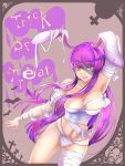  1girl alternate_costume animal_ears arm_behind_head arm_up armpits ass_visible_through_thighs bandaged_arm bandaged_ear bandaged_leg bandages bare_shoulders bat bow bowtie breasts bunny_ears cleavage commentary_request cross english_text halloween highres jnakamura1182 large_breasts light_smile lips looking_at_viewer multi-strapped_panties mummy mummy_costume naked_bandage navel panties parted_lips purple_hair red_eyes reisen_udongein_inaba sarashi solo touhou trick_or_treat underwear white_panties 