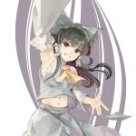  absurdres alternate_color armpits ascot black_hair bow crossover detached_sleeves frilled_bow frilled_hair_tubes frills grey_bow grey_skirt hair_bow hair_tubes hakurei_reimu hakurei_toki highres hokuto_no_ken lao_yang_hua_pu looking_at_viewer m.u.g.e.n midriff posing ribbon-trimmed_sleeves ribbon_trim skirt skirt_set smile touhou yellow_ascot 