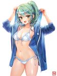  1girl :d absurdres armpits arms_up bikini blue_jacket breasts cleavage collarbone commentary_request cowboy_shot dabo_(parksh5054) drawstring fang frilled_bikini frills front-tie_bikini front-tie_top green_eyes green_hair halterneck highres hood hooded_jacket jacket long_hair long_sleeves looking_at_viewer medium_breasts navel open_clothes open_jacket open_mouth original ponytail side-tie_bikini sidelocks simple_background smile solo standing stomach swimsuit thighs white_background white_bikini 