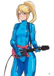  1girl artist_name bangs blonde_hair blue_bodysuit blue_eyes blush bodysuit breasts commentary controller english_commentary finalcake game_controller guitar_hero hair_between_eyes happy high_ponytail holding_game_controller lips long_hair medium_breasts metroid playing_games samus_aran shiny shiny_hair sidelocks simple_background sketch sweat sweating_profusely thighs upper_body white_background zero_suit 