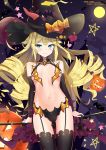  1girl absurdres azur_lane black_headwear black_legwear blonde_hair blue_eyes bow breasts curly_hair drill_hair fengyue_jiang garter_straps halloween hat highres jack-o&#039;-lantern midriff multiple_hat_bows navel quad_drills revealing_clothes showgirl_skirt small_breasts smalley_(azur_lane) smalley_(candy_courier)_(azur_lane) solo witch_hat yellow_bow 