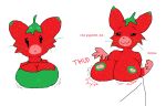 anthro areola big_breasts bodily_fluids breast_expansion breast_rest breasts cheek_tuft clothing dipstick_ears domestic_cat ear_markings elemental_creature ellipsis english_text expansion eyebrows facial_tuft fakemon felid feline felis female flora_fauna food food_creature fruit fur gloves_(marking) green_areola green_body green_clothing green_fur green_topwear green_whiskers lactating lactating_juice living_fruit looking_at_viewer mammal markings meowing multicolored_ears narrowed_eyes nipples plant raised_eyebrows red_body red_fur smile solo sound_effects strawpurry_(theonetruesinner) text theonetruesinner thud topwear tuft unusual_bodily_fluids unusual_lactation whiskers