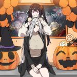  6+girls alchemist_(girls_frontline) alternate_costume architect_(girls_frontline) awkward balloon bandages bangs bat black_hair blue_eyes blurry_foreground blush braid breasts brown_eyes brown_hair cape demon_horns eyebrows_visible_through_hair eyepatch floating_hair full_moon girls_frontline grey_hair hair_ornament half_mask halloween halloween_costume hat headband highres holding horns jack-o&#039;-lantern jacket jiangshi ksvk_(girls_frontline) large_breasts light_particles long_hair looking_at_viewer m870_(girls_frontline) mg3_(girls_frontline) mmm_(ji1945) model_l_(girls_frontline) moon multiple_girls off_shoulder ofuda open_mouth outstretched_arms photo_(object) pink_eyes pumpkin pumpkin_costume sangvis_ferri side_ponytail sidelocks silver_hair sitting skirt smile sweatdrop sweater tree type_97_shotgun_(girls_frontline) v very_long_hair wide_sleeves witch_hat yellow_eyes 