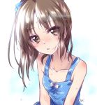  1girl blue_bow blue_swimsuit bow breasts brown_eyes brown_hair collarbone hair_bow highres idolmaster idolmaster_cinderella_girls idolmaster_cinderella_girls_starlight_stage kuroi_mimei long_hair parted_lips polka_dot polka_dot_swimsuit ponytail signature small_breasts swimsuit tachibana_arisu wet wet_hair white_bow 