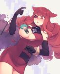  1girl animal_ears areola_slip areolae blush breasts cat_ears cybernetic_eye dress drill_hair elbow_gloves falling gloves large_breasts long_hair open_mouth red_eyes red_hair sei_asagiri solo stella_hoshii torn_clothes va-11_hall-a y_(35504109) 