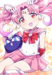  1girl :d arm_support back_bow bishoujo_senshi_sailor_moon blush boots bow bowtie chibi_usa choker circlet commentary cone_hair_bun covered_navel curtained_hair dot_nose double_bun earrings elbow_gloves feet_out_of_frame gloves gold_circlet gradient_background hair_bun hair_ornament happy head_tilt heart heart_choker highres himehachi_(hime8manga) holding holding_toy jewelry knee_boots knees_together_feet_apart leaning_back leotard looking_at_viewer luna-p magical_girl medium_hair miniskirt open_mouth orange_background parted_bangs pink_boots pink_hair pink_sailor_collar pink_skirt pleated_skirt red_bow red_bowtie red_eyes sailor_chibi_moon sailor_collar sailor_senshi_uniform signature sitting skirt smile solo toy twintails white_background white_gloves white_leotard yellow_background yellow_choker 