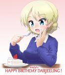  1girl bangs birthday_cake black_neckwear blonde_hair blue_eyes blue_sweater braid cake character_name commentary darjeeling dated daxz240r dress_shirt eating english_text eyebrows_visible_through_hair food fork fruit girls_und_panzer gradient gradient_background happy_birthday highres holding holding_fork light_blush long_sleeves necktie open_mouth pink_background saucer school_uniform shirt short_hair smile solo st._gloriana&#039;s_school_uniform strawberry sweater tied_hair twin_braids v-neck white_shirt wing_collar 