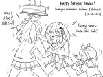  3girls :d anchor_symbol bangs bell blush burning cake candle character_name commentary dated drooling english_commentary english_text eyebrows_visible_through_hair fire food fork greyscale guin_guin hair_bell hair_between_eyes hair_ornament happy_birthday hatsuzuki_(kantai_collection) holding holding_fork holding_plate jacket jingle_bell kantai_collection kashima_(kantai_collection) long_sleeves monochrome mouth_drool multiple_girls open_mouth plate pleated_skirt sailor_collar school_uniform sendai_(kantai_collection) serafuku shirt short_sleeves simple_background skirt smile sweat trembling two_side_up v-shaped_eyebrows white_background 