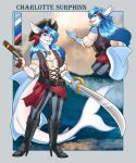5:6 absurd_res anthro black_boots black_clothing black_footwear blue_body blue_bottomwear blue_clothing blue_eyes blue_hair blue_pants blue_scales blunderbuss boots bottomwear charlotte_surphinn_(chrislshack1998) clothing cutlass female fish footwear hair hi_res kerchief lunar-haven-studios marine melee_weapon model_sheet pants pirate_hat pirate_top red scales shark shoes solo sun_necklace sword weapon white_blouse
