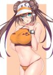  1girl bangs bare_shoulders bikini blue_eyes blush border breasts brown_hair chin_stroking collarbone commentary double_bun gradient hair_between_eyes halloween highres hip_focus jack-o&#039;-lantern large_breasts long_hair mei_(pokemon) orange_background orange_panties panties pokemon pokemon_(game) pokemon_bw2 pokemon_masters sankakusui smile sparkle star striped_bikini_bottom swimsuit twintails underwear visor_cap watch white_border wristwatch 