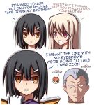  1boy 2girls black_hair brown_eyes cosplay fate/kaleid_liner_prisma_illya fate_(series) gihren_zabi gloves gundam gundam_gquuuuuux hair_ornament hairclip highres illyasviel_von_einzbern kycilia_zabi kycilia_zabi_(cosplay) long_hair looking_at_viewer military_uniform miyu_edelfelt multiple_girls nazuka_kaori open_mouth purple_hair red_eyes short_hair smile white_hair zeon zeon132 