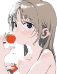  1girl absurdres bangs blue_eyes blush bouen brown_hair cherry_tomato collarbone eating eyebrows_visible_through_hair food food_on_face fruit hands_up highres holding holding_food holding_fruit long_hair looking_at_viewer nude original simple_background solo tomato upper_body white_background 