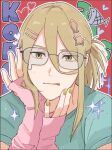  1boy :q blonde_hair glasses gold_nails green_shirt hair_ornament hairclip idolmaster idolmaster_side-m koron_chris long_hair looking_at_viewer male_focus outline pink_arm_warmers portrait red_background shirt short_sleeves solo teardrop-framed_glasses tongue tongue_out white_outline yellow_eyes zbzb_sea 