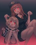  2girls :3 bags_under_eyes bangs blonde_hair blood blood_on_face blue21 breast_pocket breasts brown_hair buttons collarbone eyebrows_visible_through_hair fishnets futaba_anzu halloween hat idolmaster idolmaster_cinderella_girls long_hair medium_breasts moroboshi_kirari multiple_girls open_mouth outstretched_arms pocket red_eyes shirt short_sleeves striped striped_shirt twintails zombie_pose 