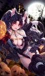  1girl animal_ears bangs bare_shoulders black_bow black_hair black_legwear blush bow breasts cat_ears cat_tail cleavage collar earrings fate/grand_order fate_(series) full_moon hair_bow highres hoop_earrings ishtar_(fate/grand_order) jack-o&#039;-lantern jewelry long_hair looking_at_viewer moon night night_sky obiwan open_mouth parted_bangs pendant pumpkin red_bow red_eyes sky solo tail thighs tiara two_side_up 