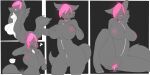 2016 2:1 absurd_res anthro areola biped black_nose bodily_fluids border bound canid censored_version_at_source comic cum cum_from_pussy cum_in_pussy cum_inside duo encasement female fur genital_fluids genitals glowing glowing_genitalia glowing_hair glowing_insides glowing_nipples glowing_pussy glowing_tongue grey_background grey_body grey_fur hair heart_symbol hi_res joey_(thebulldog91) looking_down_at_self mammal monochrome mxl nipples nude one_eye_closed pink_hair pink_inner_pussy pink_insides pink_nipples pink_pussy pink_tongue pussy simple_background sitting sitting_on_ground smile solo_focus speech_bubble spot_color spread_legs spread_pussy spreading standing suit_transformation takeover tongue transformation vore white_border zipper