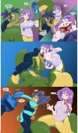 absurd_res amphibian anthro apode attempted_vore big_breasts blue_body bodily_fluids bottomless breasts clothed clothing coiling comic dialogue digital_media_(artwork) draconcopode elasticity english_text female female/female frog gillian_(greenknight98) green_tail group hair head_in_mouth hi_res human humanoid hyper hyper_tongue lamia legless long_tongue mammal monster_girl_(genre) multicolored_body naga non-mammal_breasts one_piece_suit open_mouth prehensile_tongue purple_hair rano_(tacokurt) reptile saliva scalie serpentine shirt shirt_only simple_background size_difference snake split_form t-shirt t-shirt_only tacokurt tail taur text tongue tongue_out topwear topwear_only trio vore vore_tease willow_(tacokurt)