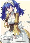  1girl alternate_hairstyle ameno_(a_meno0) apron blue_eyes blue_hair blush bow breasts closed_mouth collarbone commentary_request cosplay dress eyebrows_visible_through_hair fingerless_gloves fire_emblem fire_emblem_awakening frills gloves hair_between_eyes hair_ornament hand_on_own_chest lips lissa_(fire_emblem) lissa_(fire_emblem)_(cosplay) long_hair looking_at_viewer lucina_(fire_emblem) small_breasts smile solo twintails waist_apron white_apron white_bow yellow_dress 