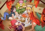  baseball_cap blue_dress breasts china_dress chinese_clothes chinese_food cleavage_cutout clothing_cutout dragon_girl dragon_horns dragon_print dragon_tail dress elma_(maidragon) gigantic_breasts gradient_hair green_dress hat highres horns huge_breasts ilulu_(maidragon) kanna_kamui kobayashi-san_chi_no_maidragon kuriki_art large_tail lucoa_(maidragon) multicolored_hair multiple_girls pelvic_curtain print_dress purple_dress red_dress single_horn tail tohru_(maidragon) 