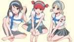  3girls :p adjusting_hair aki_(girls_und_panzer) alternate_headwear bangs barefoot blue_jacket blue_ribbon bracelet brown_eyes brown_hair closed_mouth clothes_around_waist eyebrows_visible_through_hair finnish_flag flag_print girls_und_panzer green_eyes grey_shirt grey_skirt hair_ribbon hair_tie hair_tie_in_mouth hands_on_feet indian_style jacket jacket_around_waist jewelry kneeling light_brown_hair long_hair looking_at_viewer midriff mika_(girls_und_panzer) mikko_(girls_und_panzer) miniskirt mouth_hold multiple_girls one_eye_closed pleated_skirt print_shirt red_eyes red_hair ribbon shiny_anko shirt short_hair short_twintails simple_background sitting skirt smile t-shirt tied_shirt tongue tongue_out twintails white_shirt yellow_background 