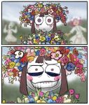 2023 animate_inanimate background_character border clothing comic digital_drawing_(artwork) digital_media_(artwork) doll dress fabric female female_focus flower flower_hair flower_on_head gangle_(tadc) glitch_productions grin group human humanoid insane insane_eyes killb94_(artist) living_doll living_mask losing_control male mammal mask midsommar plant plant_hair pomni_(tadc) pseudo_hair ragatha_(tadc) signature smile solo the_amazing_digital_circus trio unknown_species white_border