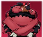 2025 belly big_belly big_breasts black_clothing black_eyes black_hair black_horn black_legwear black_topwear border bottomwear breasts clothing eating eating_food female food footwear hair helluva_boss hi_res holding_food holding_meat holding_object horn hotpants huge_belly huge_breasts humanoid hyper hyper_belly imp kerchief legwear meat midriff morbidly_obese morbidly_obese_female morbidly_obese_humanoid navel obese obese_female obese_humanoid overweight overweight_female overweight_humanoid red_body red_kerchief red_skin red_tail sagging_breasts sallie_may_(helluva_boss) shorts simple_background sitting solo spade_tail striped_horn stripes superspoe tail topwear torn_clothing torn_legwear torn_topwear trans_(lore) trans_woman_(lore) white_border white_clothing white_footwear white_horn yellow_sclera