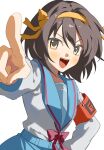  1girl 333takoyaki :d absurdres armband blue_sailor_collar blue_skirt blush brown_eyes brown_hair commentary_request hair_ribbon hairband hand_on_own_hip highres kita_high_school_uniform long_sleeves looking_at_viewer medium_hair open_mouth paperclip red_armband ribbon sailor_collar school_uniform serafuku simple_background skirt smile solo suzumiya_haruhi suzumiya_haruhi_no_yuuutsu teeth tongue upper_teeth_only white_background winter_uniform yellow_hairband yellow_ribbon 