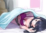  1girl absurdres black_hair boyshorts breasts brown_eyes camisole cleavage come_hither commentary highres long_hair looking_at_viewer lovely_pig328 lying on_side original solo under_covers 