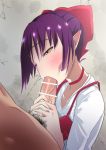  1boy 1girl bow censored choker collarbone eyebrows_visible_through_hair fellatio gegege_no_kitarou hair_bow hetero highres long_sleeves male_pubic_hair nekomusume nekomusume_(gegege_no_kitarou_6) oral penis pointy_ears pubic_hair purple_hair red_bow red_choker shiratori_serano shirt short_hair solo_focus upper_body veins veiny_penis white_shirt yellow_eyes 