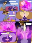 3:4 absurd_res anthro balls big_balls big_butt big_penis bottomless bottomless_anthro bottomless_male brown_hair butt clothed clothing clothing_transformation comic deer dirtymac english_text facesitting fart fur gas gassy genitals hair hi_res huge_balls huge_butt huge_penis hyper hyper_balls hyper_butt hyper_genitalia hyper_penis male mammal mephitid orange_eyes penis purple_body purple_fur purple_hair red_eyes sitting_on_another skunk sweater tan_body text topwear transformation underwear_tf