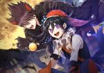  2boys alternate_costume animal_ears bat beard black_gloves black_hair black_headwear black_shirt commentary danganronpa facial_hair fangs fingernails full_moon fur_trim gloves goatee hair_between_eyes halloween hat highres jacket jester jester_cap long_hair male_focus momota_kaito moon multicolored multicolored_clothes multicolored_hat multiple_boys nanin new_danganronpa_v3 open_mouth ouma_kokichi outdoors polka_dot_hat purple_eyes purple_hair red_headwear sharp_fingernails shirt short_sleeves smile spiked_hair teeth white_shirt wolf_ears 