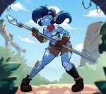 action_pose alien anthro arm_markings bandage bandaged_leg belt bent_legs blue_body blue_eyes blue_hair blue_skin boots bottomwear breast_markings breasts cheek_markings chest_wraps cleavage clothed clothing detailed_background eyewear eyewear_on_head facial_markings female footwear gem gloves goggles goggles_on_head hair handwear head_markings hi_res holding_object holding_weapon long_hair looking_away markings melee_weapon mole_(marking) mole_on_breast mole_on_shoulder mostly_nude pointy_ears polearm pose psicoyote round_nose scarf shirt shoes shorts shoulder_markings solo spear splint spread_legs spreading tank_top topwear torn_clothing vesta_(psicoyote) weapon wraps