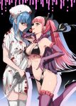  2girls arm_up armpits barefoot bat_earrings between_fingers bikini black_background black_hairband blood bloody_clothes blue_hair blush braid breasts brown_eyes candy closed_mouth demon_tail elbow_gloves fake_horns fang fire_emblem fire_emblem:_three_houses food frilled_bikini frilled_gloves frills glint gloves hairband halloween halloween_costume hat highres hilda_valentine_goneril holding holding_food holding_syringe licking lollipop long_hair looking_at_viewer marianne_von_edmund medium_breasts misu_kasumi multiple_girls nurse nurse_cap o-ring o-ring_bikini o-ring_top oversized_object pink_eyes pink_hair profile purple_background purple_gloves shaded_face short_hair short_sleeves sidelocks simple_background swimsuit syringe tail thighhighs tongue tongue_out torn_clothes twintails upper_teeth very_long_hair white_legwear 