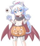  1girl ahoge animal_ear_fluff animal_ears bandaged_leg bandages bangs black_cape blue_eyes blue_hair blush cape cat_ears cat_tail commentary_request extra_ears eyebrows_visible_through_hair frr_(akf-hs) gloves hair_between_eyes hair_flaps halloween_costume hands_up highres jack-o&#039;-lantern long_hair navel no_panties original paw_gloves paws ponytail simple_background solo spoken_squiggle squiggle tail white_background 