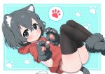  1girl adapted_costume animal_ear_fluff animal_ears ass black_eyes black_hair blush bottomless cat_ears cat_paws cat_tail claws hood hoodie kaban_(kemono_friends) kemono_friends kemonomimi_mode looking_at_viewer lying no_panties no_pants on_back paws ransusan red_hoodie short_hair solo spoken_paw tail thighhighs 
