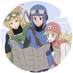  1girl 2boys blonde_hair breasts closed_mouth curly_hair dragon_quest dragon_quest_ii dress gloves goggles goggles_on_head hat hood hyakuen_raitaa long_hair long_sleeves multiple_boys open_mouth prince_of_lorasia prince_of_samantoria princess_of_moonbrook red_eyes spiked_hair sword weapon 