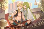  1boy 1other arabian_clothes artist_request bangs bare_shoulders blonde_hair commentary_request earrings enkidu_(fate/strange_fake) fate/grand_order fate_(series) gilgamesh gilgamesh_(caster)_(fate) green_hair highres jewelry long_hair multiple_boys navel open_mouth red_eyes short_hair sitting smile tattoo 