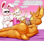 2025 2_horns absurd_res anthro anthro_on_anthro bat bezel_(chikn_nuggit) big_butt big_penis black_eyes black_sclera book breasts butt chikn_nuggit cofi_(chikn_nuggit) dialogue dragon english_text erection felino female fur fwench_fwy_(chikn_nuggit) genitals group hair hands_together hawt_saus_(chikn_nuggit) hi_res holding_book holding_object horn huge_penis humanoid_genitalia humanoid_penis imminent_sex interspecies iscream_(chikn_nuggit) lagomorph leporid looking_down lying male male/female male/male mammal medium_breasts mythological_creature mythological_scalie mythology nipples nonbinary_(lore) nude on_side onyn_ring_(chikn_nuggit) open_mouth orange_body orange_fur orange_hair penis pie_cut_eyes pupils purple_eyes rabbit red_eyes red_inner_ear scalie scrapbook smile smirk speech_bubble tan_body tan_fur tan_horn tan_nipples text thick_penis trio white_inner_ear wide_hips yellow_inner_ear yellow_pupils yellow_sclera