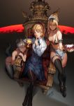  3girls animal_ears armchair artoria_pendragon_(all) artoria_pendragon_(swimsuit_rider_alter) bikini black_legwear blonde_hair chair fate/apocrypha fate/grand_order fate/stay_night fate_(series) finger_to_mouth gloves goblet highres looking_at_viewer maid_bikini maid_headdress mordred_(fate) mordred_(fate)_(all) multiple_girls pantyhose parted_lips pouring_onto_self saber saber_alter saejin_oh smile swimsuit thighhighs tray 
