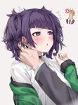  1boy 1girl absurdres anger_vein angry black_choker black_suit blue_bow blush bow choker coffee coffee_mug cup ear_piercing earrings green_jacket hand_on_another&#039;s_ear highres idolmaster idolmaster_shiny_colors jacket jewelry mrpeanut_88 mug multiple_earrings necktie p-head_producer piercing producer_(idolmaster) purple_eyes purple_hair red_necktie shirt short_twintails spill suit sweatdrop tanaka_mamimi twintails twirling_hair veins veiny_hands white_shirt 