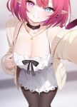  1girl :d asymmetrical_wings black_choker black_pantyhose blue_eyes blurry blurry_background breasts brown_cardigan cable_knit cardigan choker cleavage close-up deyui dress earrings empire_waist flower_earrings frilled_dress frills gold_necklace grin guyrys heterochromia highres hololive hololive_english horns irys_(casualrys)_(hololive) irys_(hololive) jewelry lace-trimmed_choker lace-trimmed_dress lace_trim large_breasts looking_at_viewer mismatched_earrings mismatched_wings necklace official_alternate_costume official_alternate_hairstyle open_cardigan open_clothes outstretched_arm pantyhose pointy_ears purple_eyes purple_hair reaching reaching_towards_viewer short_dress short_hair sleeveless sleeveless_dress smile solo spaghetti_strap virtual_youtuber white_dress wings 