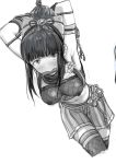  1girl armpits arms_up asteria_(driftingprhp) bdsm bit_gag bondage bound bow breasts covered_nipples fishnet_top gag gagged greyscale hair_bow hair_bun hamaguchi_ayame highres idolmaster idolmaster_cinderella_girls long_hair medium_breasts monochrome pleated_skirt rope sketch skirt thighhighs 